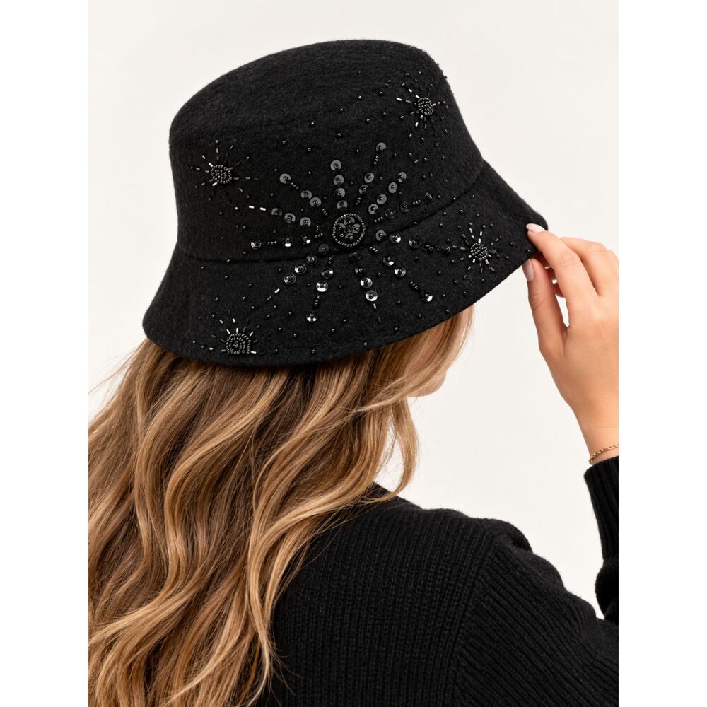 Croft & Barrow Black Wool Blend Beaded Sequin Cloche Bucket Hat NWT Y2K
